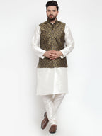 Jompers Men's Solid Dupion Kurta Pajama with Woven Jacquard Waistcoat (Gold) | Grocsy