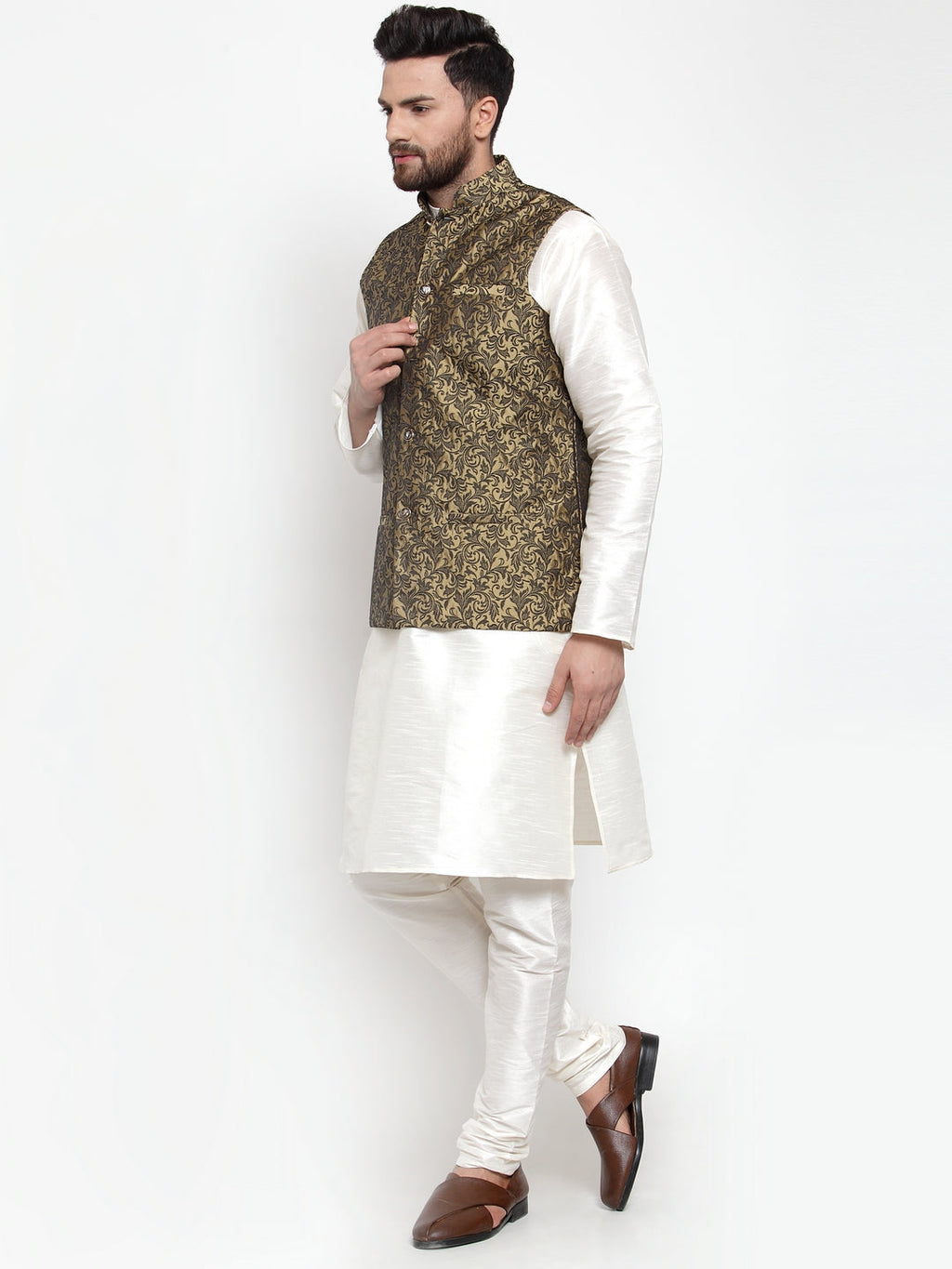 Jompers Men's Solid Dupion Kurta Pajama with Woven Jacquard Waistcoat (Gold) | Grocsy