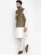 Jompers Men's Solid Dupion Kurta Pajama with Woven Jacquard Waistcoat (Gold) | Grocsy
