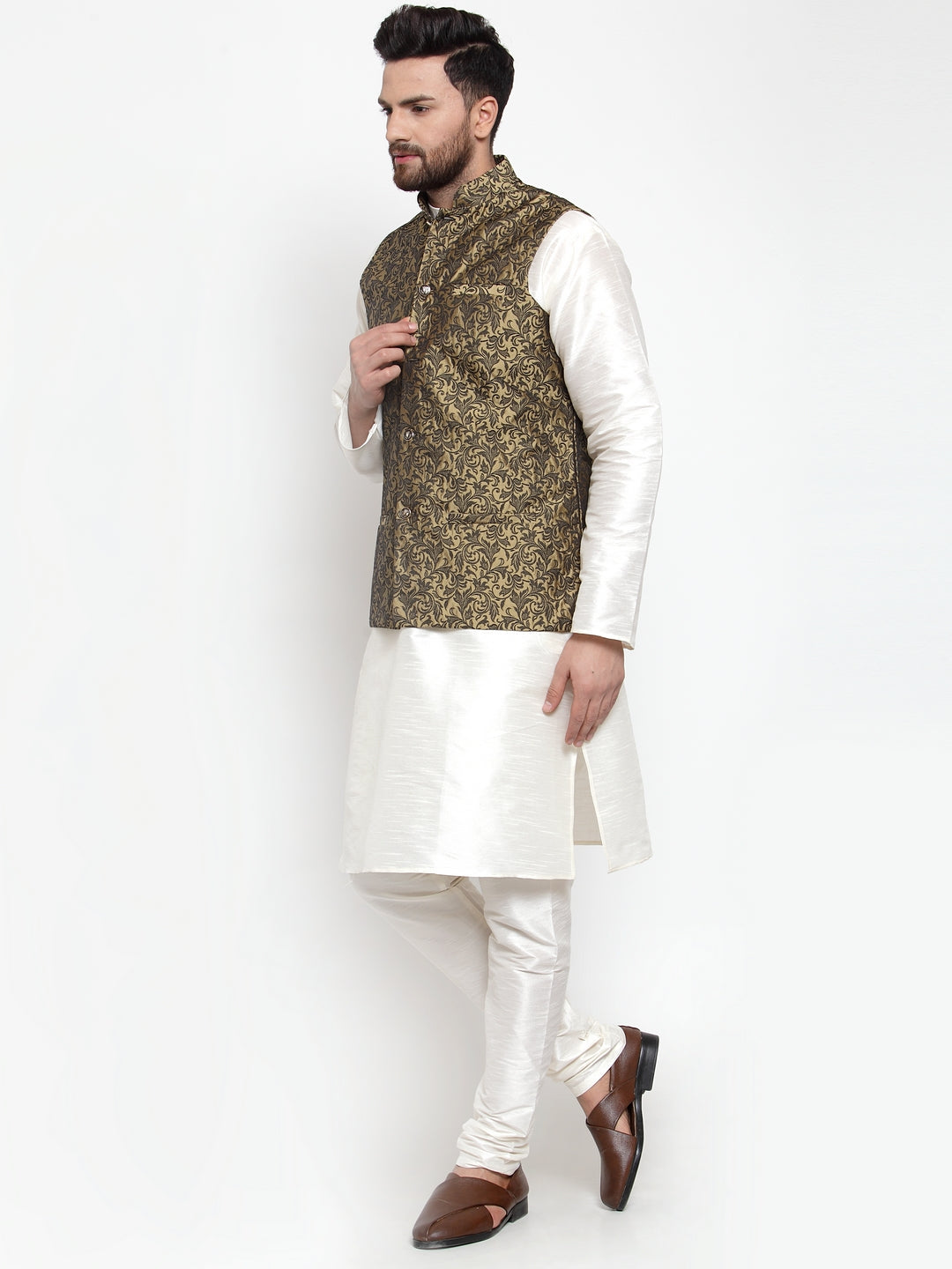 Jompers Men's Solid Dupion Kurta Pajama with Woven Jacquard Waistcoat (Gold) | Grocsy