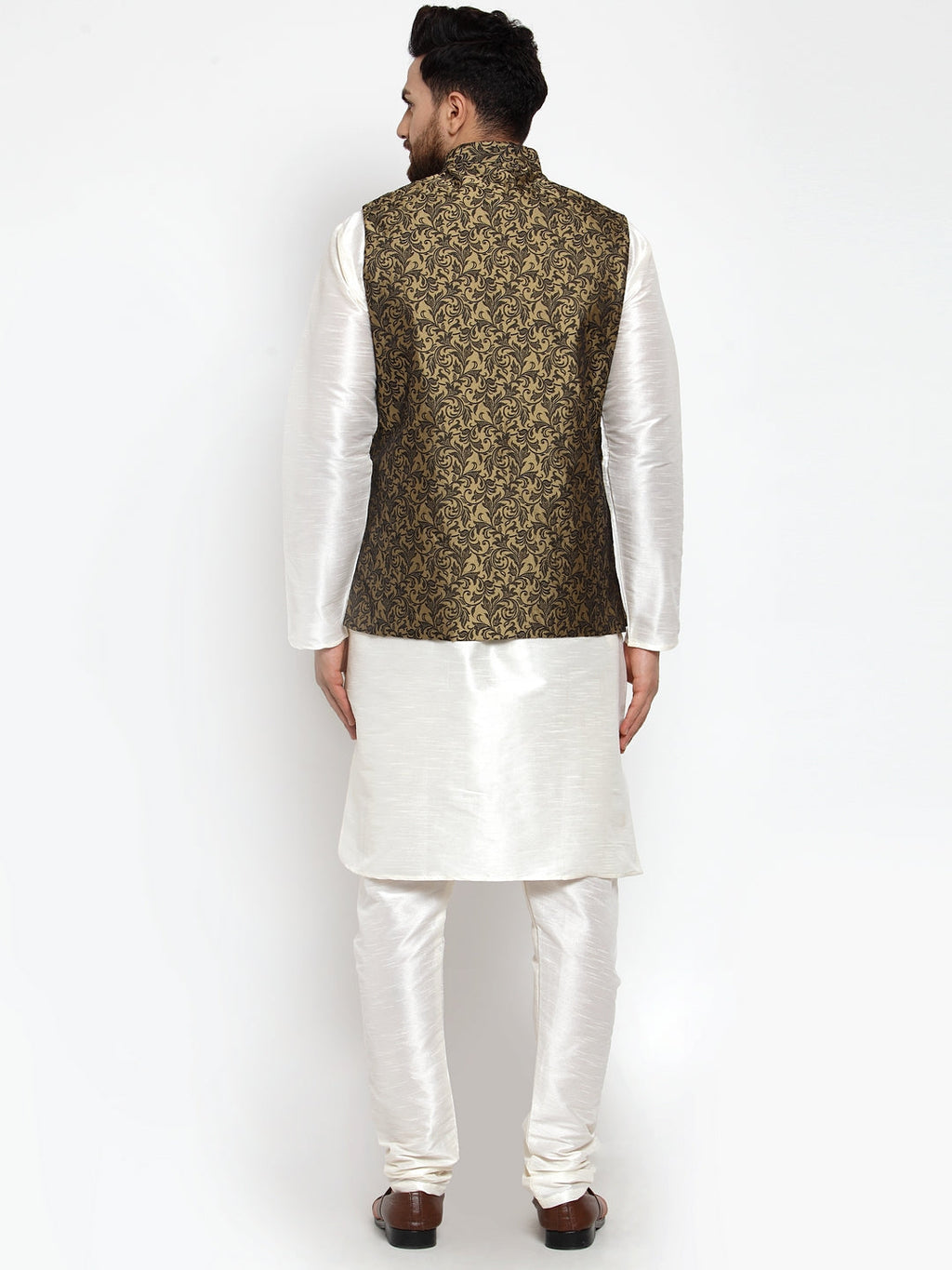 Jompers Men's Solid Dupion Kurta Pajama with Woven Jacquard Waistcoat (Gold) | Grocsy