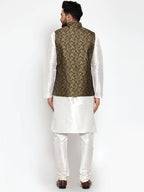 Jompers Men's Solid Dupion Kurta Pajama with Woven Jacquard Waistcoat (Gold) | Grocsy