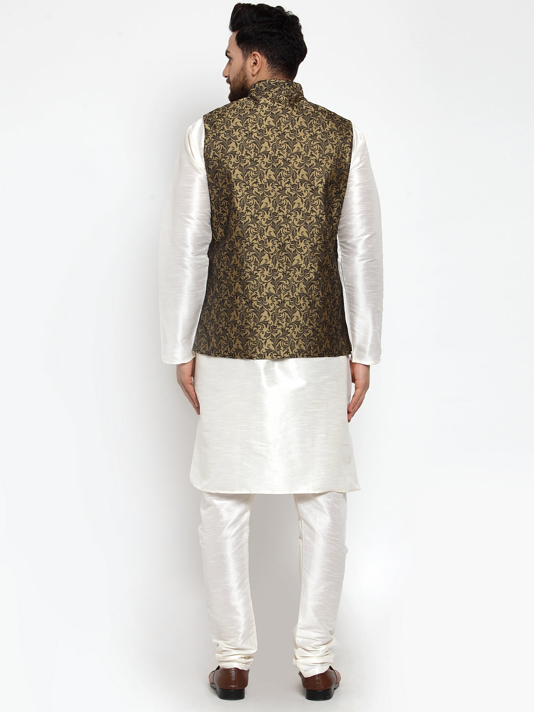 Jompers Men's Solid Dupion Kurta Pajama with Woven Jacquard Waistcoat (Gold) | Grocsy