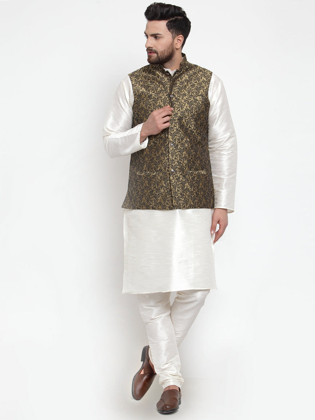 Jompers Men's Solid Dupion Kurta Pajama with Woven Jacquard Waistcoat (Gold) | Grocsy