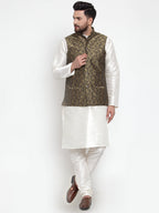 Jompers Men's Solid Dupion Kurta Pajama with Woven Jacquard Waistcoat (Gold) | Grocsy