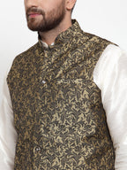 Jompers Men's Solid Dupion Kurta Pajama with Woven Jacquard Waistcoat (Gold) | Grocsy