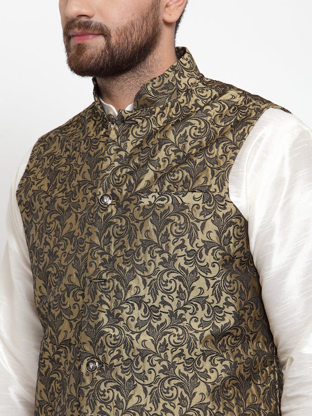Jompers Men's Solid Dupion Kurta Pajama with Woven Jacquard Waistcoat (Gold) | Grocsy