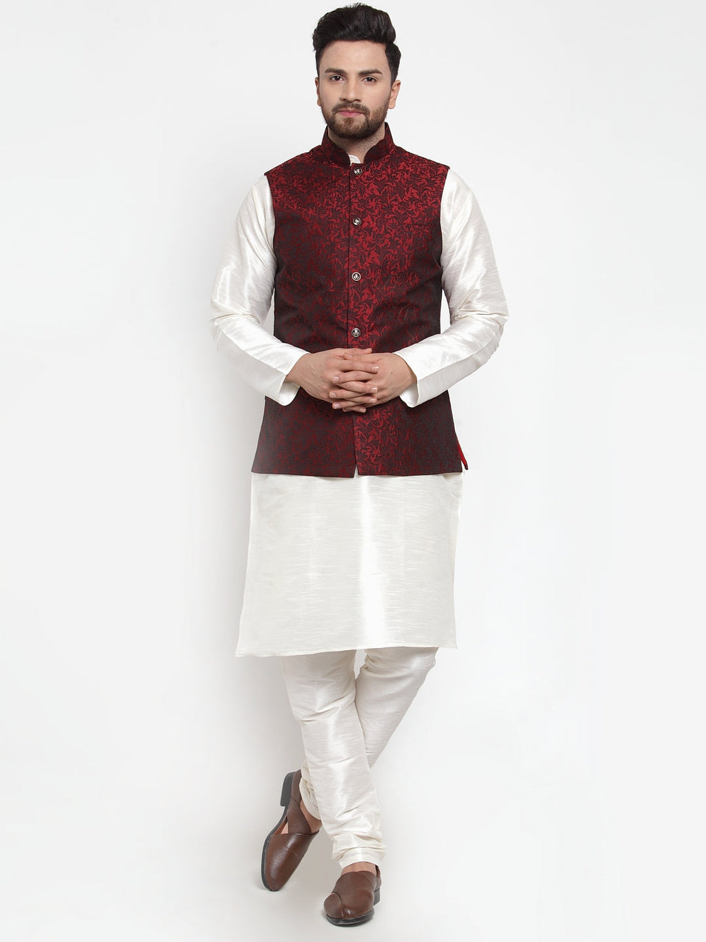 Jompers Men's Solid Dupion Kurta Pajama with Woven Jacquard Waistcoat (Maroon) | Grocsy