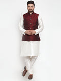 Jompers Men's Solid Dupion Kurta Pajama with Woven Jacquard Waistcoat (Maroon) | Grocsy