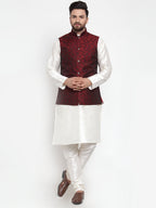 Jompers Men's Solid Dupion Kurta Pajama with Woven Jacquard Waistcoat (Maroon) | Grocsy