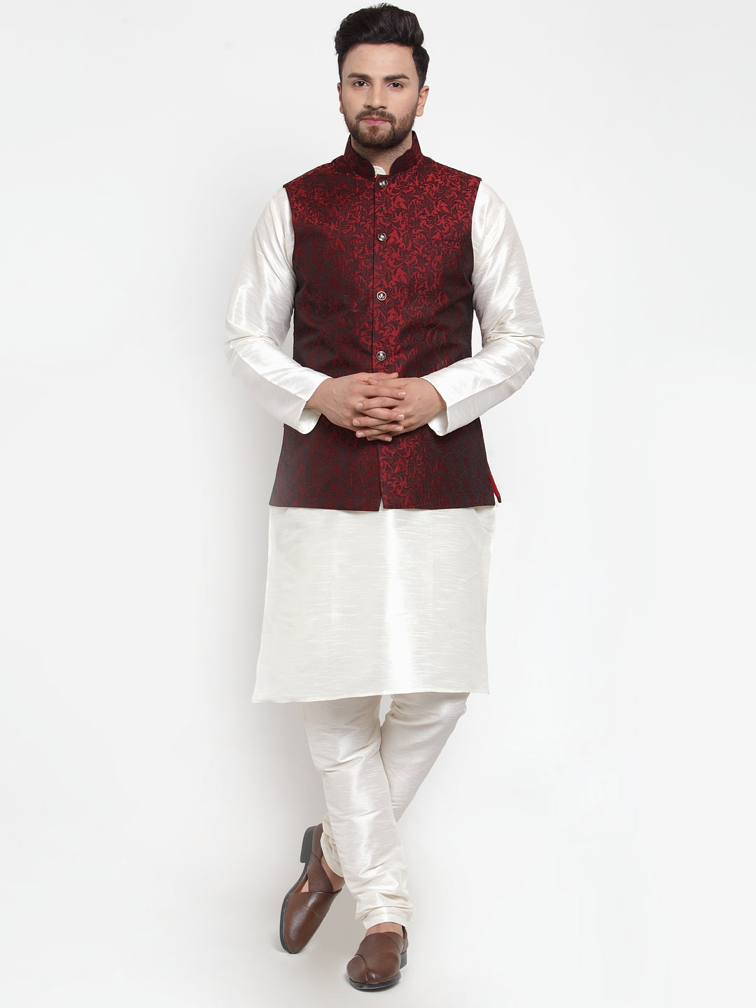Jompers Men's Solid Dupion Kurta Pajama with Woven Jacquard Waistcoat (Maroon) | Grocsy