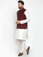 Jompers Men's Solid Dupion Kurta Pajama with Woven Jacquard Waistcoat (Maroon) | Grocsy
