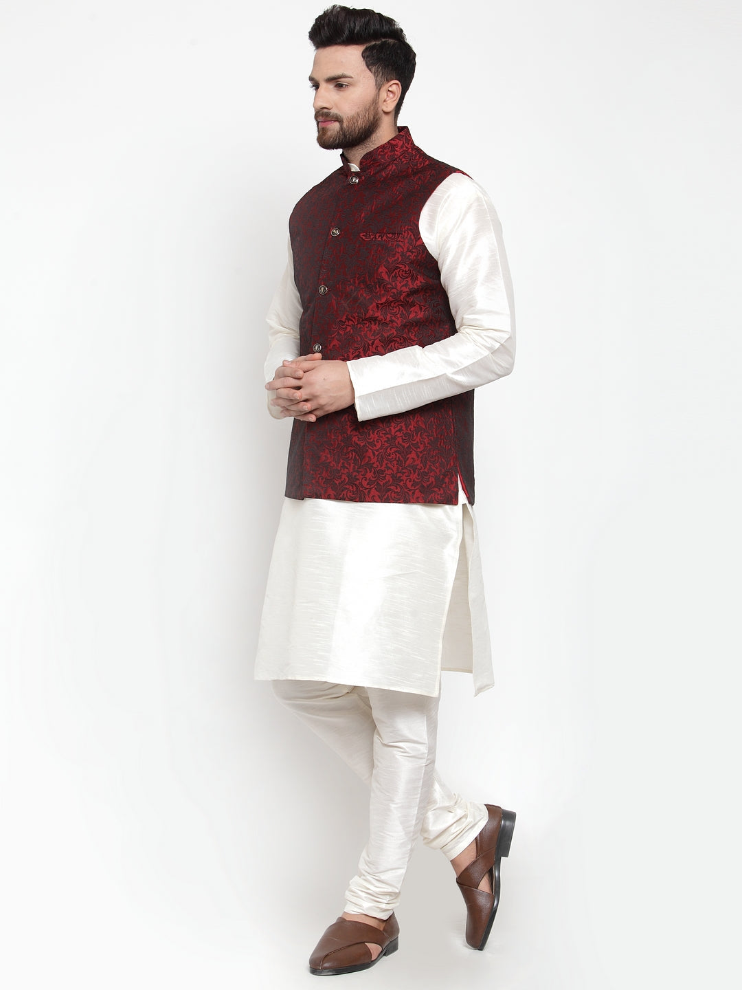 Jompers Men's Solid Dupion Kurta Pajama with Woven Jacquard Waistcoat (Maroon) | Grocsy