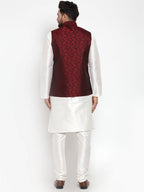 Jompers Men's Solid Dupion Kurta Pajama with Woven Jacquard Waistcoat (Maroon) | Grocsy