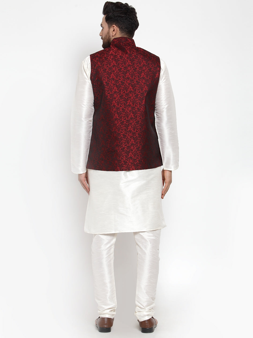 Jompers Men's Solid Dupion Kurta Pajama with Woven Jacquard Waistcoat (Maroon) | Grocsy