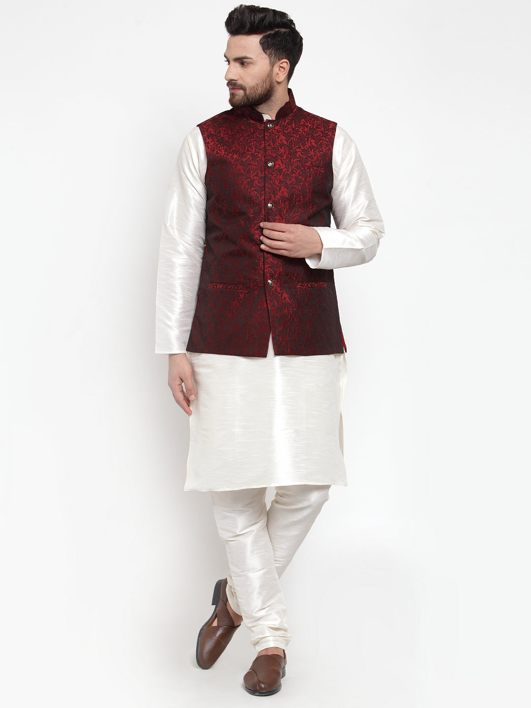 Jompers Men's Solid Dupion Kurta Pajama with Woven Jacquard Waistcoat (Maroon) | Grocsy