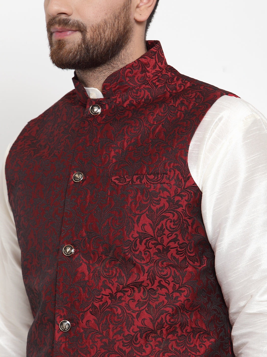 Jompers Men's Solid Dupion Kurta Pajama with Woven Jacquard Waistcoat (Maroon) | Grocsy