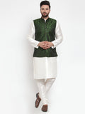 Jompers Men's Solid Dupion Kurta Pajama with Woven Jacquard Waistcoat (Mehndi) | Grocsy