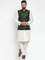 Jompers Men's Solid Dupion Kurta Pajama with Woven Jacquard Waistcoat (Mehndi) | Grocsy
