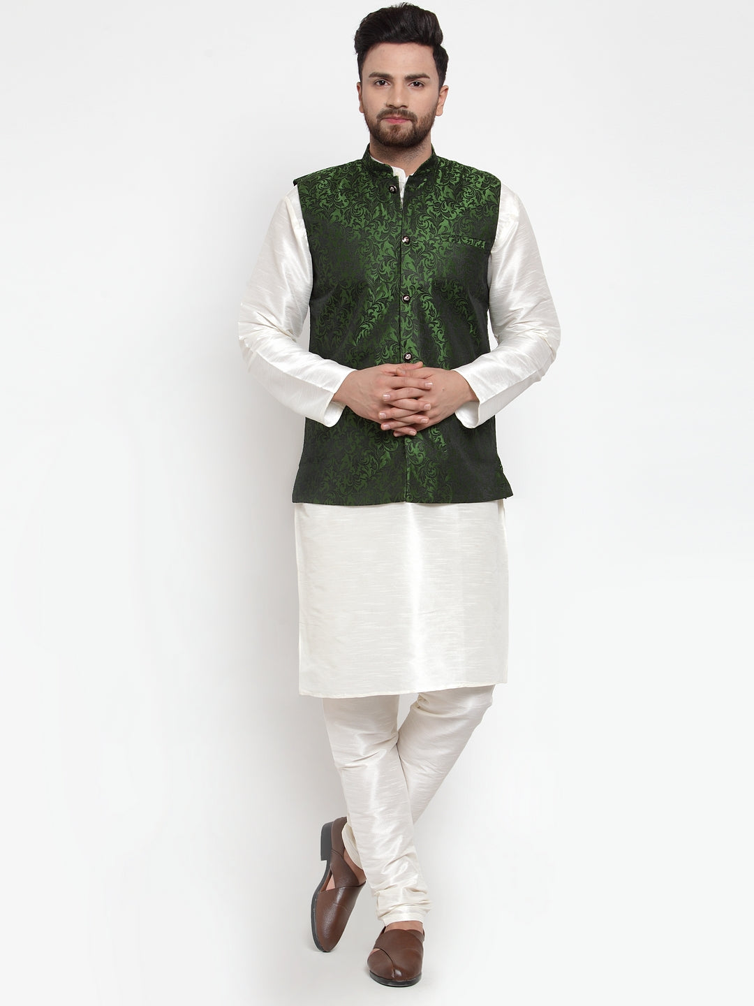 Jompers Men's Solid Dupion Kurta Pajama with Woven Jacquard Waistcoat (Mehndi) | Grocsy
