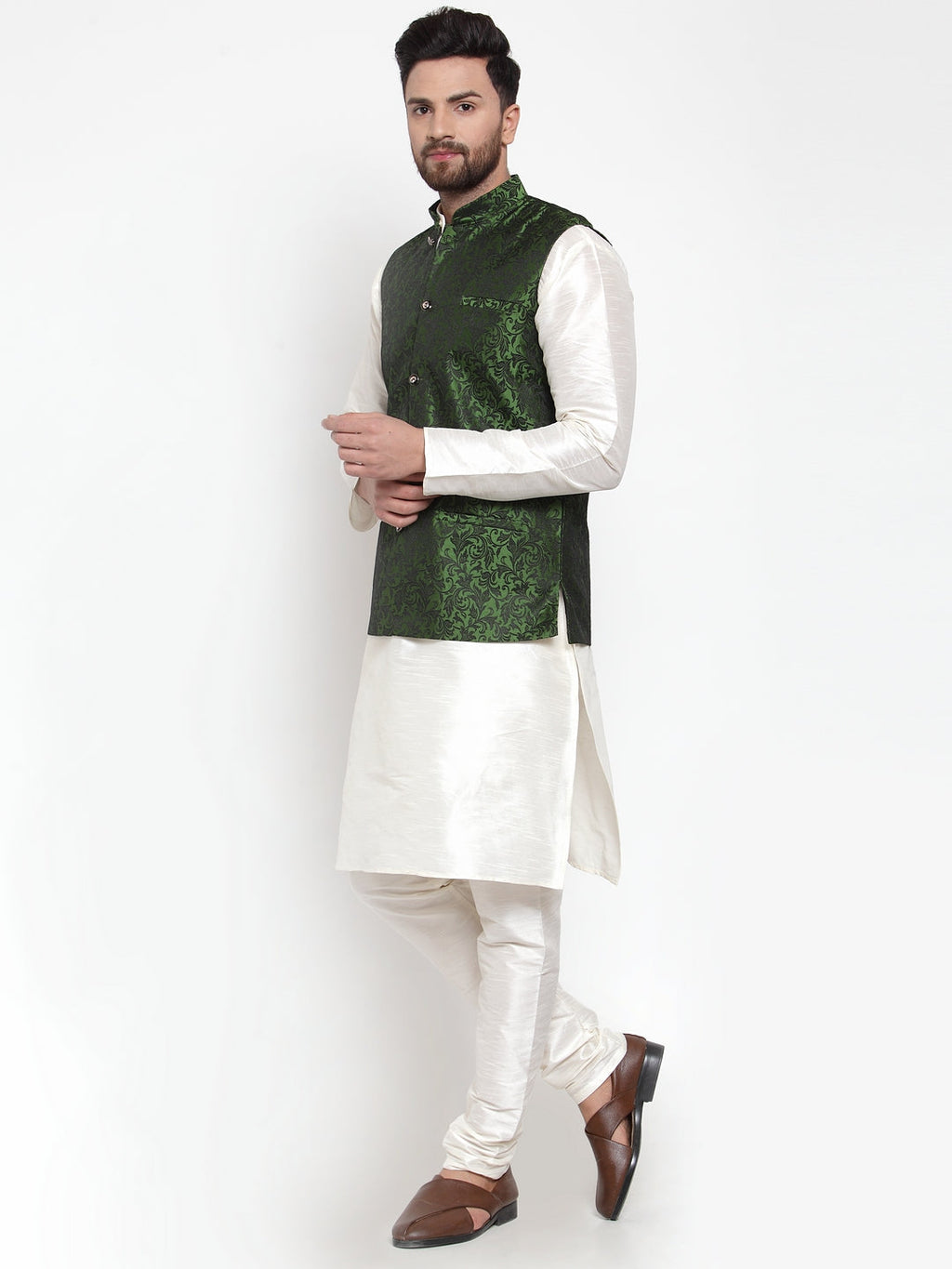Jompers Men's Solid Dupion Kurta Pajama with Woven Jacquard Waistcoat (Mehndi) | Grocsy