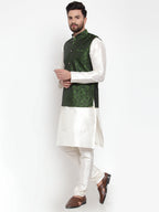 Jompers Men's Solid Dupion Kurta Pajama with Woven Jacquard Waistcoat (Mehndi) | Grocsy