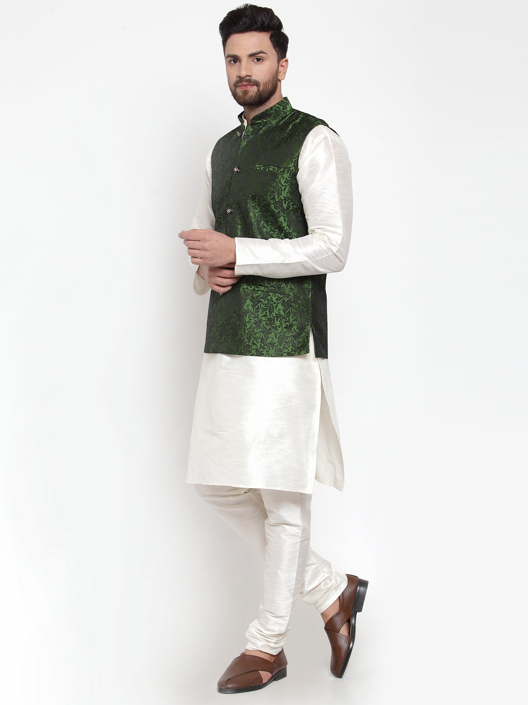 Jompers Men's Solid Dupion Kurta Pajama with Woven Jacquard Waistcoat (Mehndi) | Grocsy