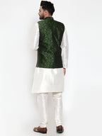 Jompers Men's Solid Dupion Kurta Pajama with Woven Jacquard Waistcoat (Mehndi) | Grocsy
