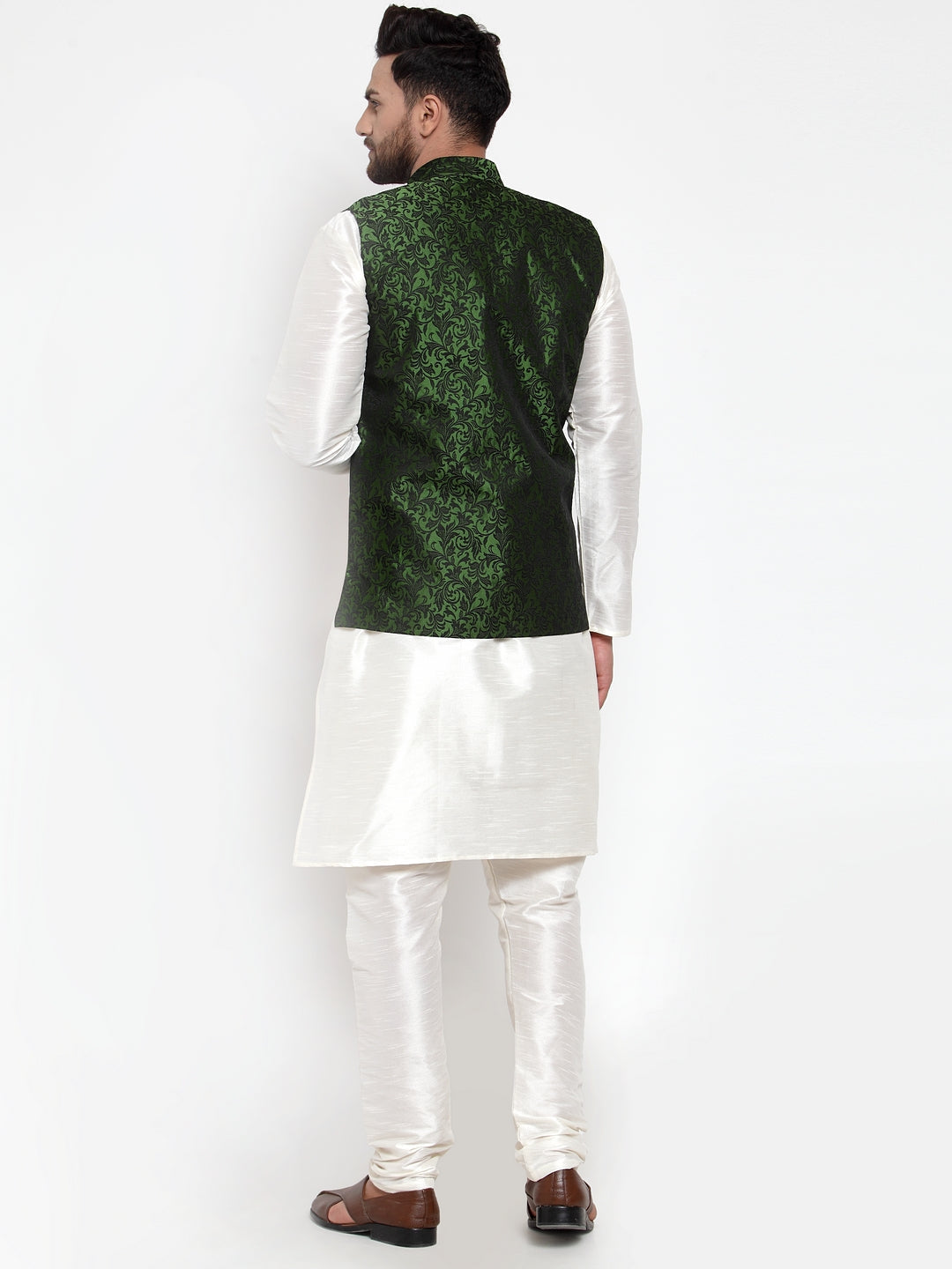 Jompers Men's Solid Dupion Kurta Pajama with Woven Jacquard Waistcoat (Mehndi) | Grocsy