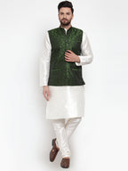 Jompers Men's Solid Dupion Kurta Pajama with Woven Jacquard Waistcoat (Mehndi) | Grocsy