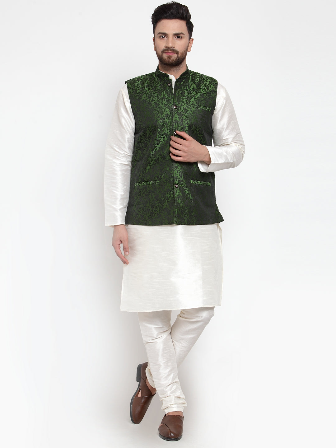 Jompers Men's Solid Dupion Kurta Pajama with Woven Jacquard Waistcoat (Mehndi) | Grocsy
