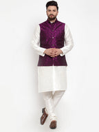 Jompers Men's Solid Dupion Kurta Pajama with Woven Jacquard Waistcoat (Purple) | Grocsy