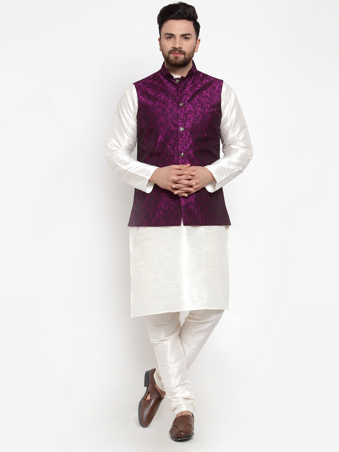 Jompers Men's Solid Dupion Kurta Pajama with Woven Jacquard Waistcoat (Purple) | Grocsy