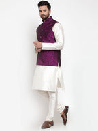 Jompers Men's Solid Dupion Kurta Pajama with Woven Jacquard Waistcoat (Purple) | Grocsy