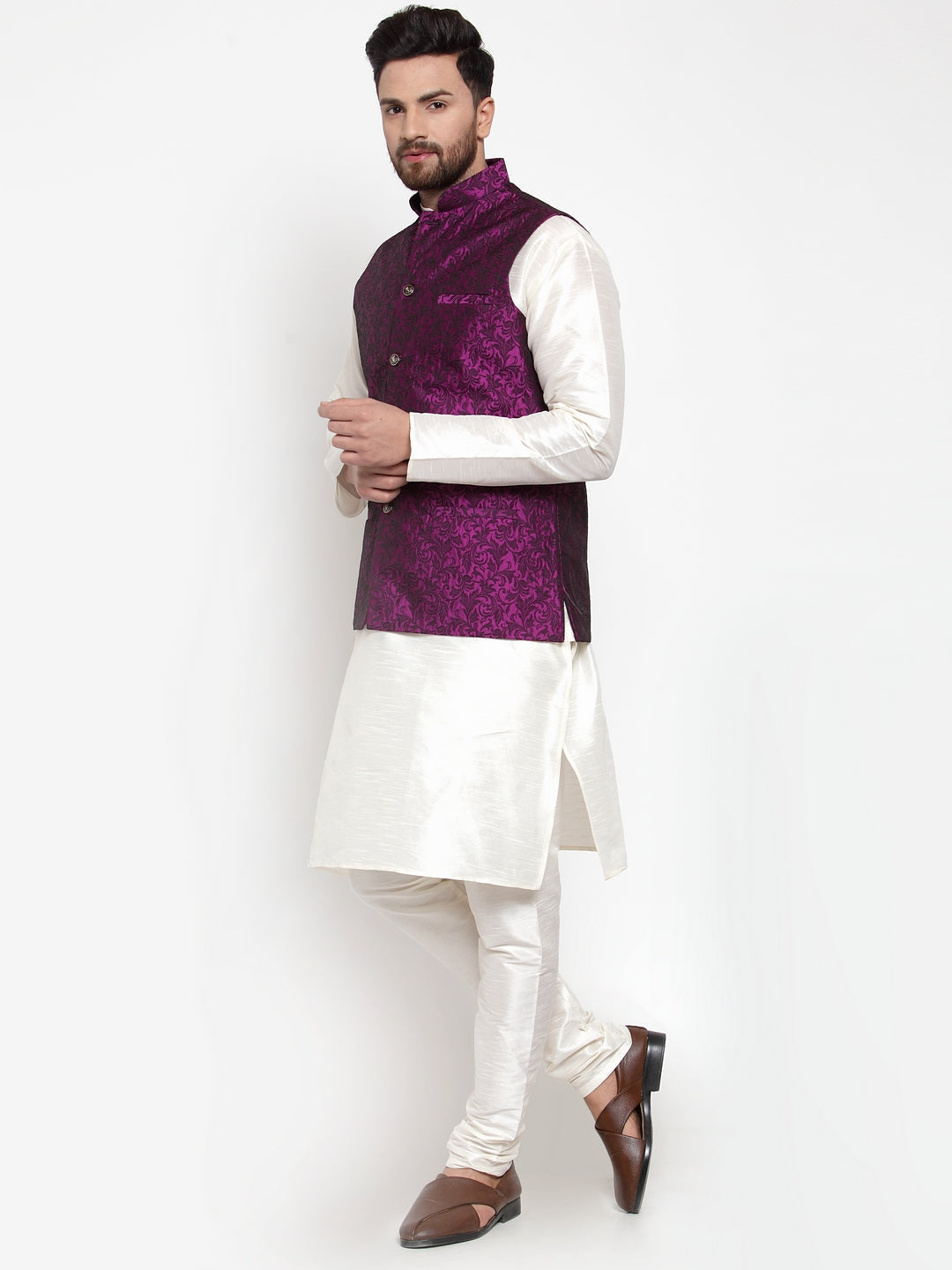 Jompers Men's Solid Dupion Kurta Pajama with Woven Jacquard Waistcoat (Purple) | Grocsy