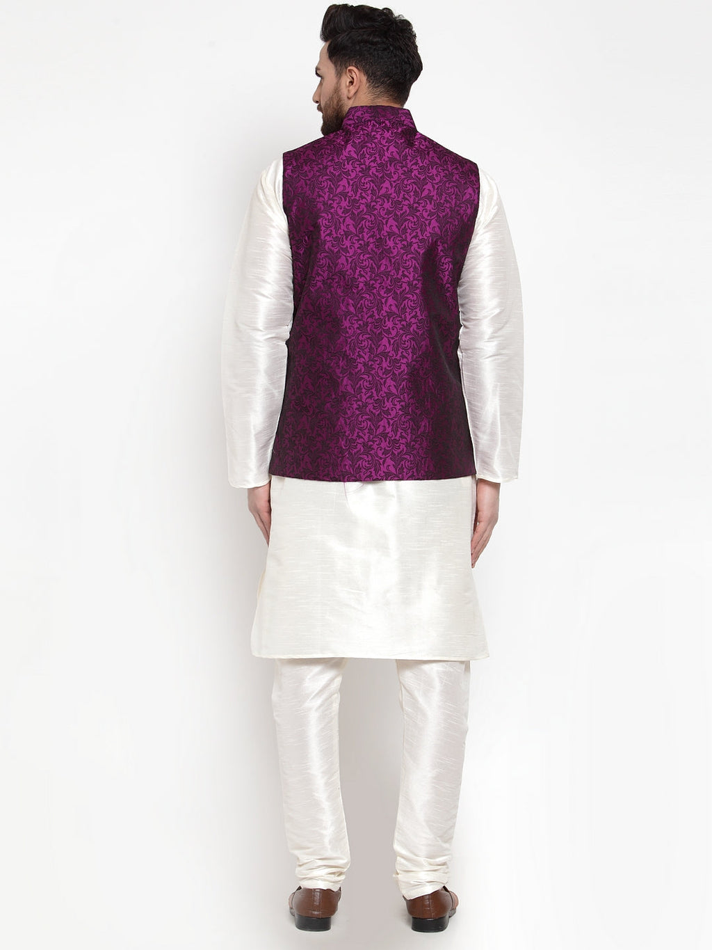 Jompers Men's Solid Dupion Kurta Pajama with Woven Jacquard Waistcoat (Purple) | Grocsy