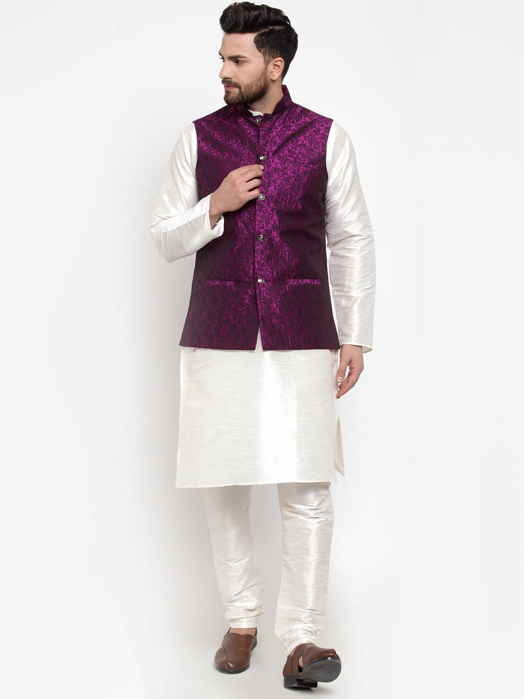 Jompers Men's Solid Dupion Kurta Pajama with Woven Jacquard Waistcoat (Purple) | Grocsy