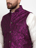 Jompers Men's Solid Dupion Kurta Pajama with Woven Jacquard Waistcoat (Purple) | Grocsy