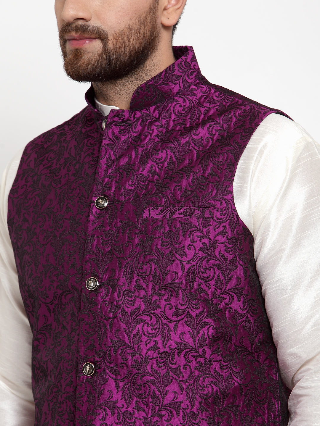 Jompers Men's Solid Dupion Kurta Pajama with Woven Jacquard Waistcoat (Purple) | Grocsy
