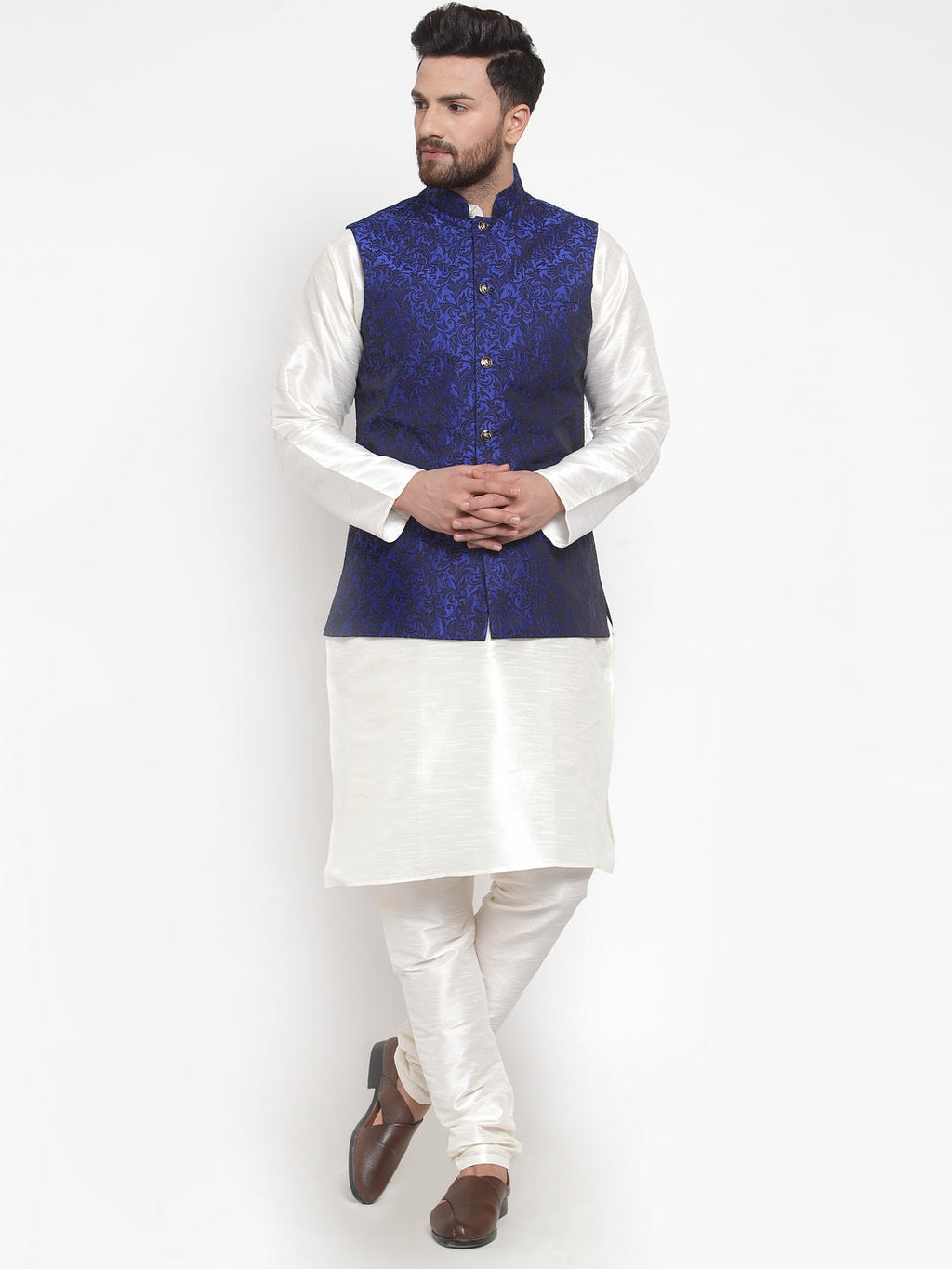 Jompers Men's Solid Dupion Kurta Pajama with Woven Jacquard Waistcoat (Royal) | Grocsy