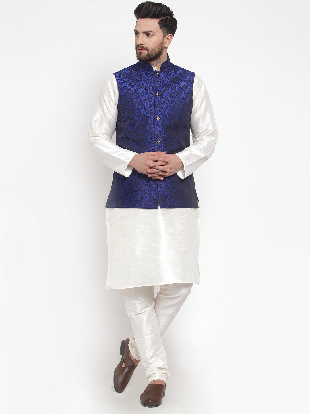 Jompers Men's Solid Dupion Kurta Pajama with Woven Jacquard Waistcoat (Royal) | Grocsy