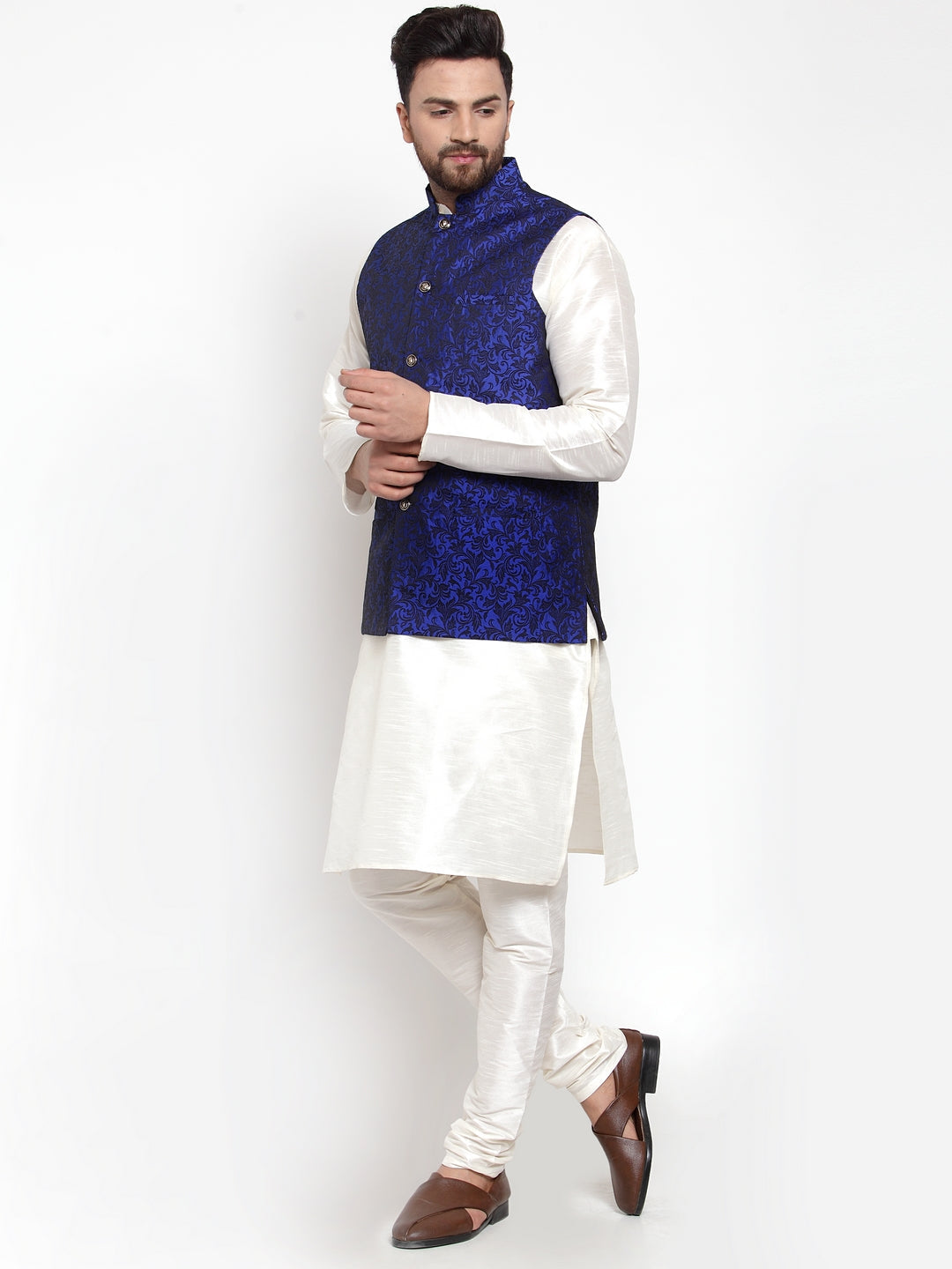 Jompers Men's Solid Dupion Kurta Pajama with Woven Jacquard Waistcoat (Royal) | Grocsy