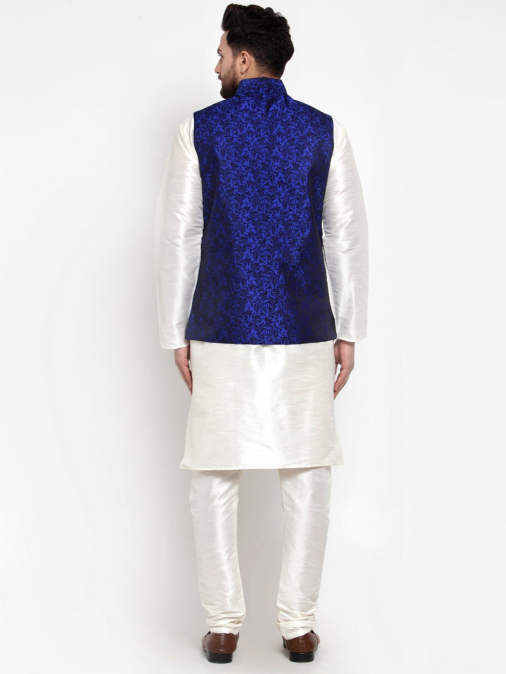 Jompers Men's Solid Dupion Kurta Pajama with Woven Jacquard Waistcoat (Royal) | Grocsy