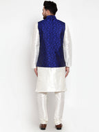 Jompers Men's Solid Dupion Kurta Pajama with Woven Jacquard Waistcoat (Royal) | Grocsy