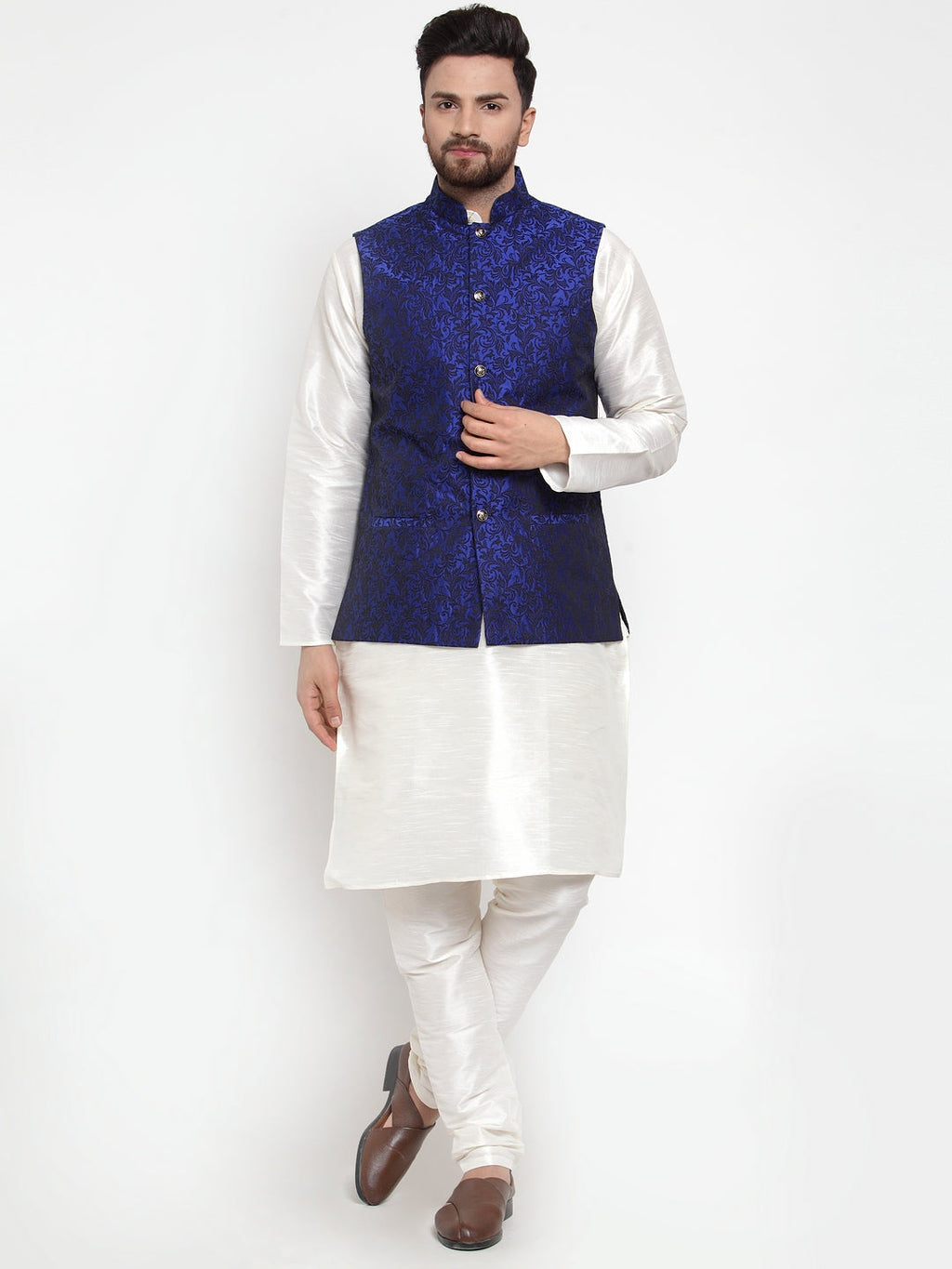Jompers Men's Solid Dupion Kurta Pajama with Woven Jacquard Waistcoat (Royal) | Grocsy