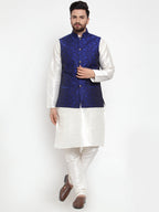 Jompers Men's Solid Dupion Kurta Pajama with Woven Jacquard Waistcoat (Royal) | Grocsy