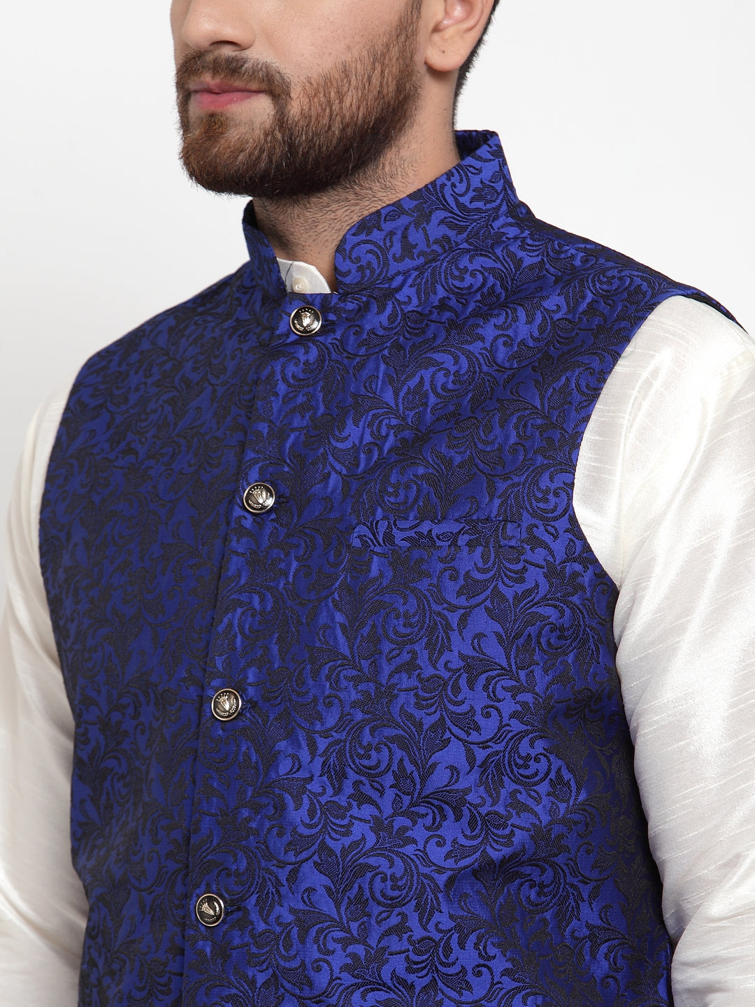 Jompers Men's Solid Dupion Kurta Pajama with Woven Jacquard Waistcoat (Royal) | Grocsy