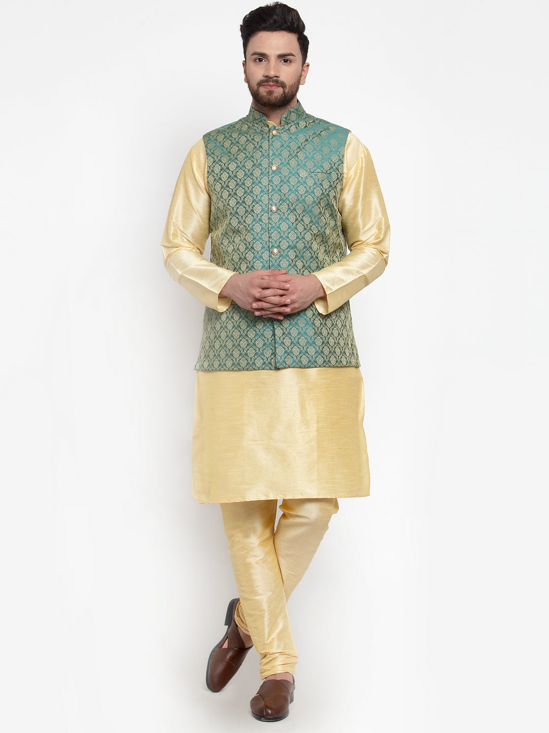 Jompers Men's Solid Dupion Kurta Pajama with Woven Jacquard Waistcoat (Green) | Grocsy