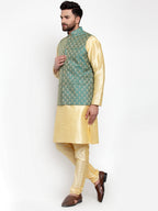 Jompers Men's Solid Dupion Kurta Pajama with Woven Jacquard Waistcoat (Green) | Grocsy