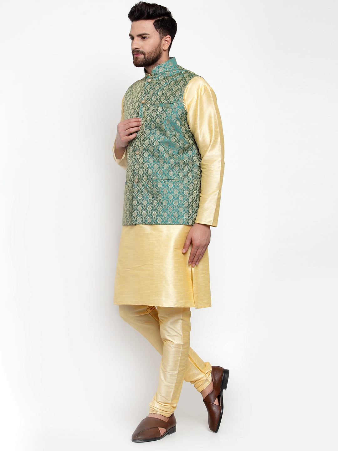 Jompers Men's Solid Dupion Kurta Pajama with Woven Jacquard Waistcoat (Green) | Grocsy